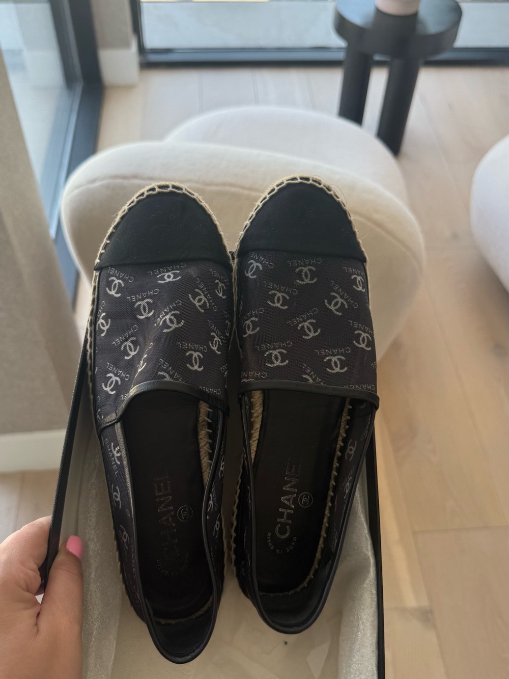 CHANEL Black Logo Canvas Espadrilles with Braided Jute Sole